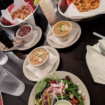 BB's Tex-Orleans - (From TOP to BOTTOM): Hot shrimp (both wet and dry), red beans and rice, crawfish etouffee, and the Madhatter salad - Seafood Near Me - Webster, Texas