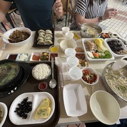 Bossam and soondae with soup and banchans Bossam and soondae with soup and banchans