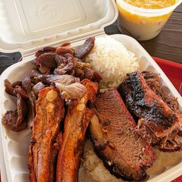 Triple meat combo. Smoked Meat, St. Louis Ribs and Brisket. Side of loaded garlic mash potatoes