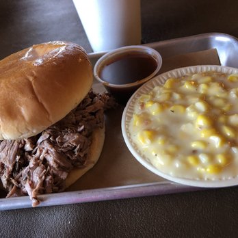 Red Barn Bar-B-Que - Chopped brisket sandwich with a side of cream corn - Barbeque Near Me - Colleyville, Texas Red Barn Bar-B-Que - Chopped brisket sandwich with a side of cream corn - Barbeque Near Me - Colleyville, Texas