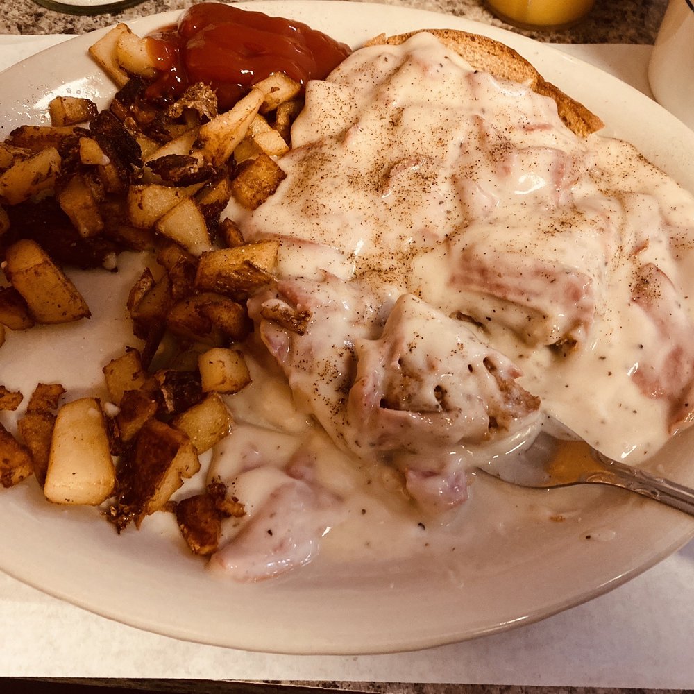 Sam's - Extra crispy home fries (ketchup) & dried beef gravy over rye, fork. - Diners Near Me - Athens, Pennsylvania