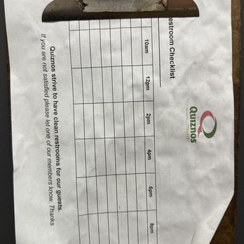 Quiznos - Washroom cleaning log-blank - Sandwiches Near Me - Dartmouth, Nova Scotia