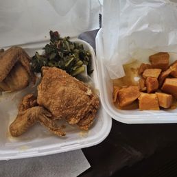 The chicken looked good and it tasted good. But it was soggy next to my greens. I really the only thing that I could eat!! The chicken looked good and it tasted good. But it was soggy next to my greens. I really the only thing that I could eat!!