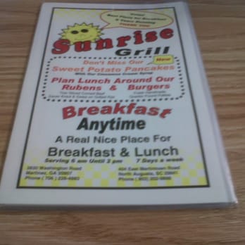 Sunrise Grill - Front of the menu - New American Near Me - North Augusta, South Carolina Sunrise Grill - Front of the menu - New American Near Me - North Augusta, South Carolina