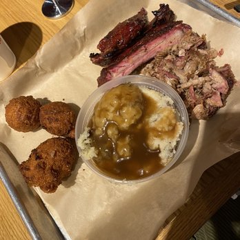 R&R BBQ - 2 Meat Plate - ribs, pulled pork, Garlic Smashers with Brown Gravy, Hushpuppies - Barbeque Near Me - Provo, Utah R&R BBQ - 2 Meat Plate - ribs, pulled pork, Garlic Smashers with Brown Gravy, Hushpuppies - Barbeque Near Me - Provo, Utah