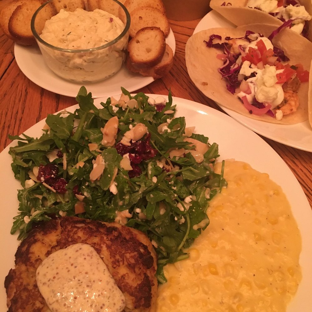 Table & Twine - Lump crab cakes with creamed corn and arugula salad - Food Delivery Services Near Me - Charleston, South Carolina Table & Twine - Lump crab cakes with creamed corn and arugula salad - Food Delivery Services Near Me - Charleston, South Carolina