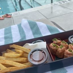 Pool menu: spicy tuna and crispy rice and fries Pool menu: spicy tuna and crispy rice and fries