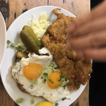 Stadtklause - Schnitzel with potato & fried eggs - German Near Me - Berlin, BE