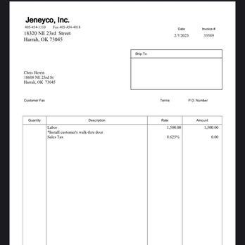 Jeneyco Overhead Door - This is their bill....1500 no break down to install my own fully assembled door and do it backwards.... - Garage Door Services Near Me - Harrah, Oklahoma Jeneyco Overhead Door - This is their bill....1500 no break down to install my own fully assembled door and do it backwards.... - Garage Door Services Near Me - Harrah, Oklahoma