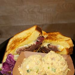 Cornerstone BBQ - Brisket grilled cheese with side of homemade 
potato salad