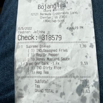 Bojangles - a receipt for a restaurant - Breakfast & Brunch Near Me - Chester, Virginia