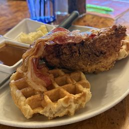 Close up of chicken and waffles Close up of chicken and waffles