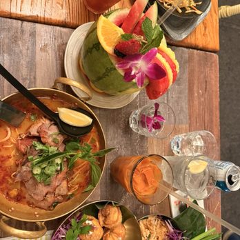 Lemongrass Brooklyn - Tom yum grilled pork, crab Rangoon and chicken pad Thai with a whole watermelon margarita - Thai Near Me - Brooklyn, New York Lemongrass Brooklyn - Tom yum grilled pork, crab Rangoon and chicken pad Thai with a whole watermelon margarita - Thai Near Me - Brooklyn, New York