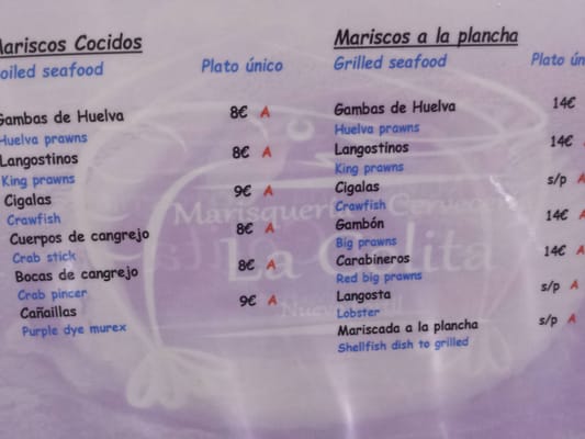 Menu photo 4 Marisquería La Colita Nuevo Portil, H