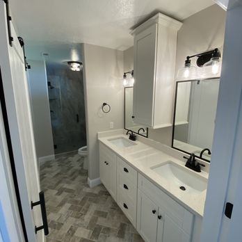 PK Crew - Bathroom remodel, replaced cabinets, added new faucets, mirrors, and light fixtures. Replaced the shower door. Added a barn door - Handyman Near Me - Ivins, Utah PK Crew - Bathroom remodel, replaced cabinets, added new faucets, mirrors, and light fixtures. Replaced the shower door. Added a barn door - Handyman Near Me - Ivins, Utah