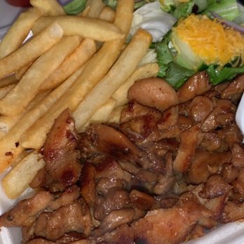 Poly Burgers - The chicken teriyaki plate with half salad half fries. Plus a bed of rice under the meat - Burgers Near Me - Long Beach, California