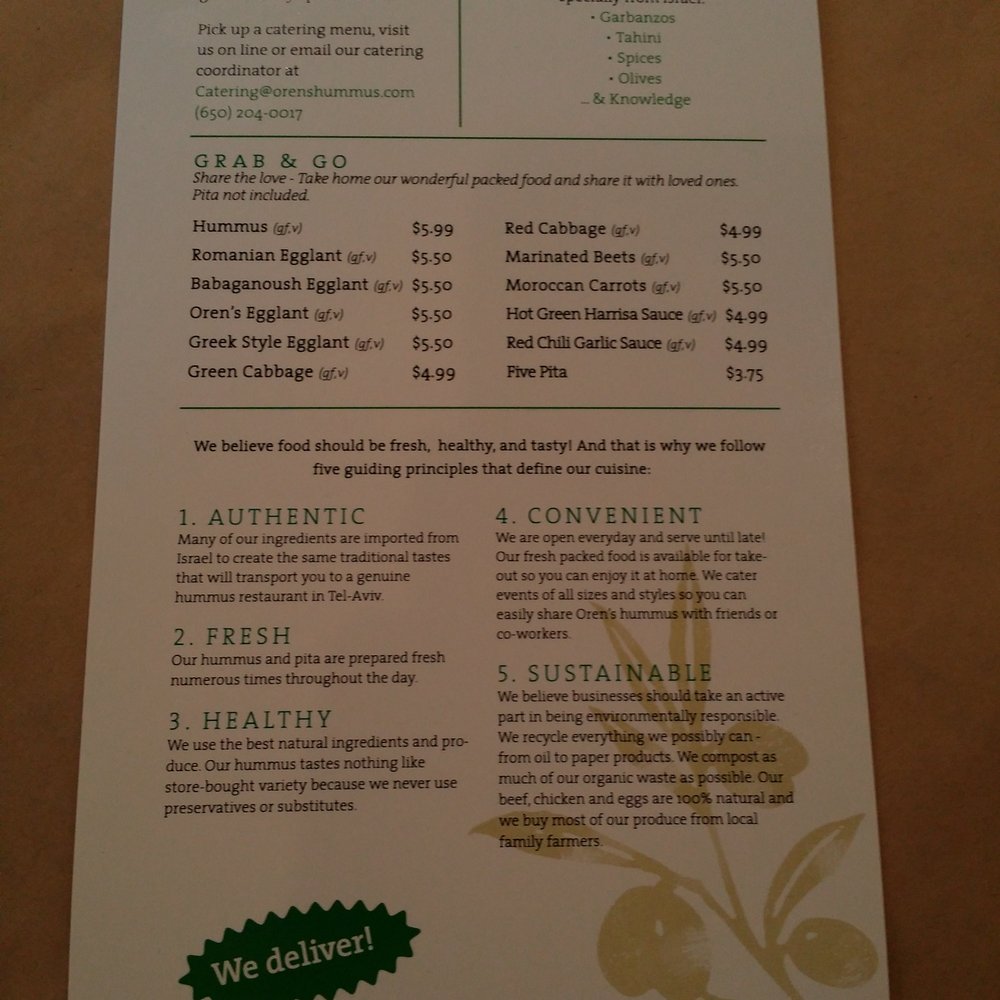 Oren's Hummus - Back of menu - Mediterranean Near Me - Mountain View, California Oren's Hummus - Back of menu - Mediterranean Near Me - Mountain View, California