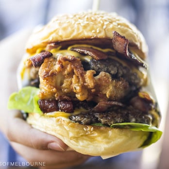 Between 2 Buns - Double Beef Burger with Fried Chicken - Burgers Near Me - Altona, VIC