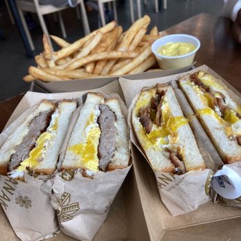 Tanaka - Bacon breakfast sandwich and sausage breakfast sandwich. Fries and housemade fry sauce. - Sandwiches Near Me - Portland, Oregon Tanaka - Bacon breakfast sandwich and sausage breakfast sandwich. Fries and housemade fry sauce. - Sandwiches Near Me - Portland, Oregon