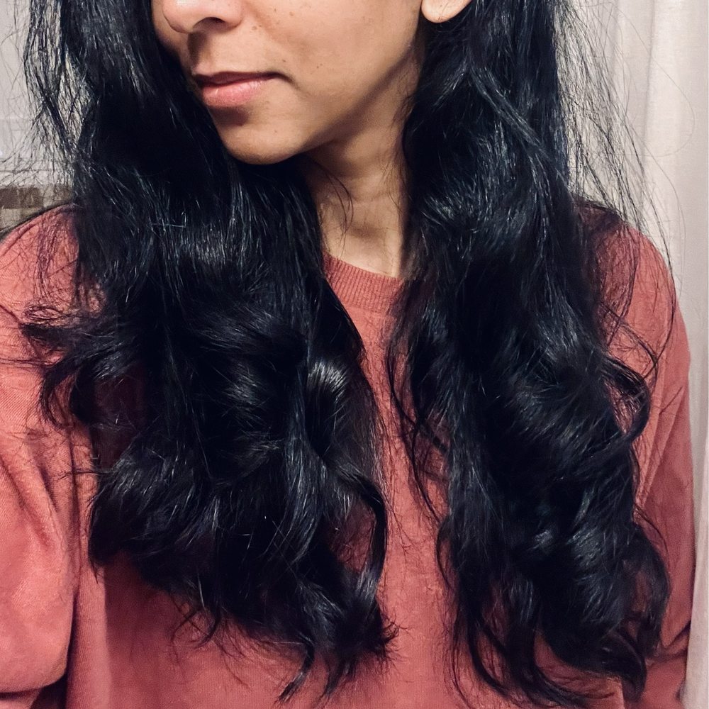 Blue-black dye + soft curls by Maggie Blue-black dye + soft curls by Maggie
