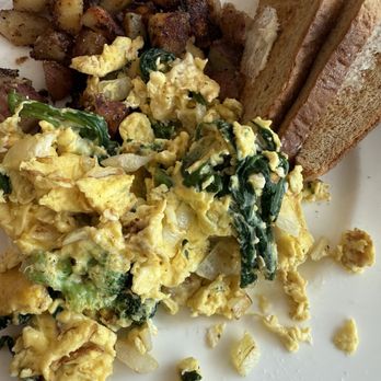Good Friends Cafe - Scrambles egg and cheese with diced onion, broccoli and spinach, home fries & toast. - Breakfast & Brunch Near Me - West Dennis, Massachusetts Good Friends Cafe - Scrambles egg and cheese with diced onion, broccoli and spinach, home fries & toast. - Breakfast & Brunch Near Me - West Dennis, Massachusetts
