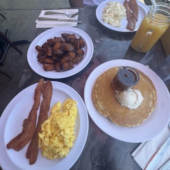 Orange Cafe Bistro - bacon and scrambled eggs with side of pancake and extra cooked home fries. - Breakfast & Brunch Near Me - Orange, California