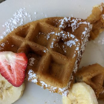 The Omelette Cafe - This was the waffles with caramel and bananas and strawberries. Do you see any caramel? No? That's cuz there wasn't any. - Cafes Near Me - Manassas, Virginia