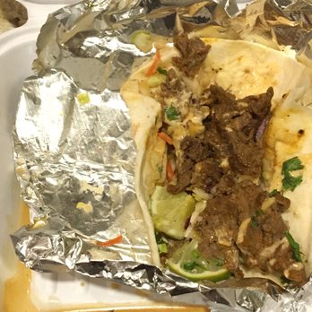 Union Hall - Korean BBQ taco from Wacool Tacos & Tamales --it's sloppy sauce everywhere, chewy meat, with soft/old slaw. skip this - Food Court Near Me - Waco, Texas
