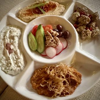 Darvish Kitchen - Combination platter of appetizers ~ the citrusy olives with pomegranate seeds were a total standout - Persian/Iranian Near Me - Washington, DC, District of Columbia