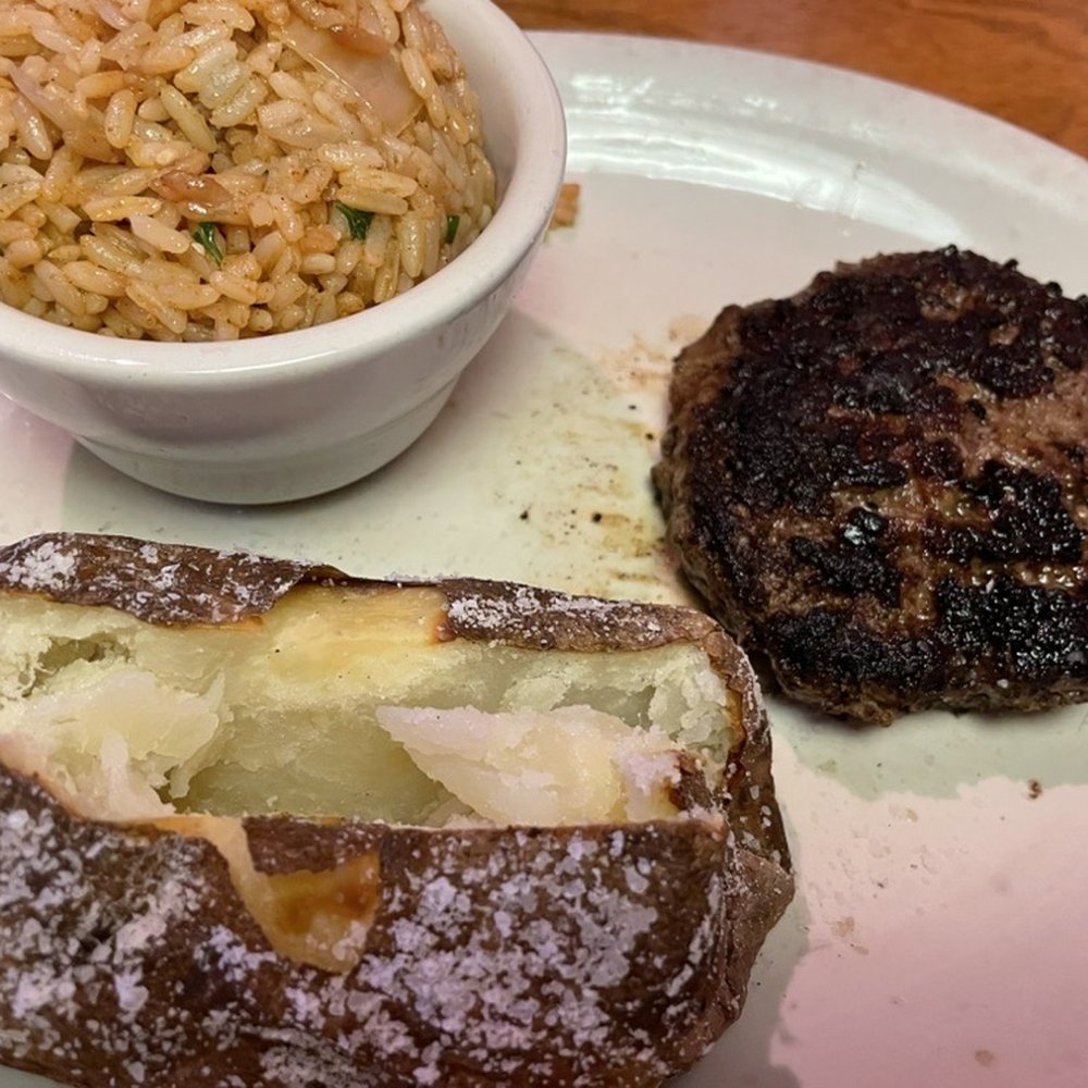 Texas Roadhouse - Hamburger steak with rice and baked potato plain (for a special diet needs person) - Barbeque Near Me - Bowling Green, Kentucky Texas Roadhouse - Hamburger steak with rice and baked potato plain (for a special diet needs person) - Barbeque Near Me - Bowling Green, Kentucky