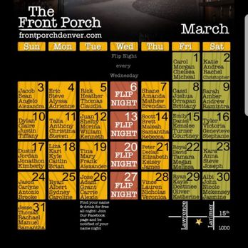 The Front Porch - March 2019 Calendar - Bars Near Me - Denver, Colorado The Front Porch - March 2019 Calendar - Bars Near Me - Denver, Colorado