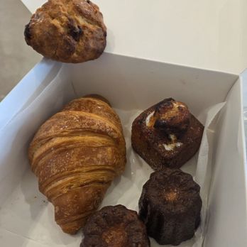 Brown Bag Cookies - Fig scone (top left), plain cros, earl grey canele x 2 and 1 classic canele. - Desserts Near Me - Cerritos, California