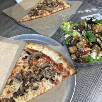 Pauly's Pizza Joint - 2 slices of mushroom pizza with a nice, fresh Caesar salad (already half eaten!) Yum!! - Pizza Near Me - San Diego, California Pauly's Pizza Joint - 2 slices of mushroom pizza with a nice, fresh Caesar salad (already half eaten!) Yum!! - Pizza Near Me - San Diego, California