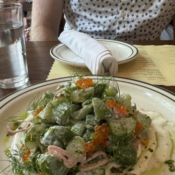 Alpino - Gurkensalat (Persian cucumber, pickled shallot, crème fraîche, dill, marigold; $16) with char roe ($6 extra) - German Near Me - Detroit, Michigan Alpino - Gurkensalat (Persian cucumber, pickled shallot, crème fraîche, dill, marigold; $16) with char roe ($6 extra) - German Near Me - Detroit, Michigan