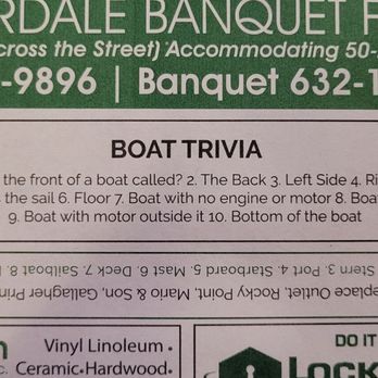 McPartlan's Corner - Boat trivia on the paper menu - A paper menu from a restaurant includes boat trivia questions and answers, with a green header and contact information. - New American Near Me - Buffalo, New York