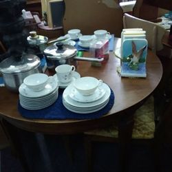 LuLus Flea Market - Table 2 chairs $40. Dishes wheat design $7.50