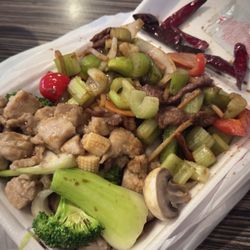 Lucky Chinese Food - Mongolian Beef and chicken with vegetables.