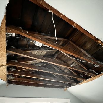 Excel Exteriors - Excel's poor roof installation and failure to reconnect the bathroom fan exhaust pipe, caused this interior ceiling to fall. - Roofing Near Me - Oakdale, Minnesota Excel Exteriors - Excel's poor roof installation and failure to reconnect the bathroom fan exhaust pipe, caused this interior ceiling to fall. - Roofing Near Me - Oakdale, Minnesota