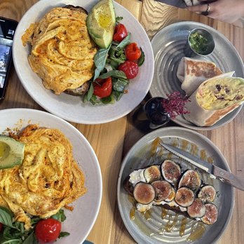 Sonnyboy - Harissa Folded Eggs (left), Burrata Fig Toast, Breakfast Burrito - Breakfast & Brunch Near Me - New York, New York