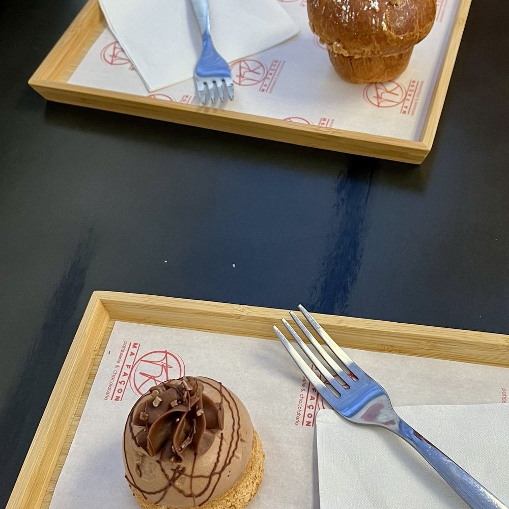 Ma Façon TR - Below, Pastry recipe of the day (chocolate mouse, shortbread cookie). Above, Brioche of the Day with caramel filling. - Patisserie/Cake Shop Near Me - Poulsbo, Washington