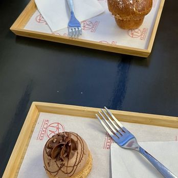 Ma Façon TR - Below, Pastry recipe of the day (chocolate mouse, shortbread cookie). Above, Brioche of the Day with caramel filling. - Patisserie/Cake Shop Near Me - Poulsbo, Washington