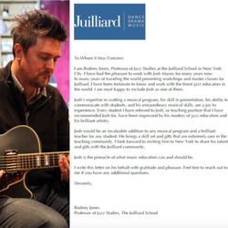 Josh Maxey Guitar Lessons - Official D'Angelico photo and Juilliard Recommendation Letter.