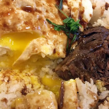 Moena Café - Close-up of "Short Rib Loco Moco." Next time, I would get the fried rice upgrade. - Cafes Near Me - Honolulu, Hawaii