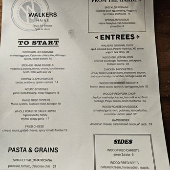 Walkers Maine - Dinner menu - Summer 2026 - New American Near Me - Cape Neddick, Maine Walkers Maine - Dinner menu - Summer 2026 - New American Near Me - Cape Neddick, Maine