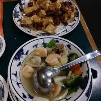 M's Garden - Tofu and beef over rice (not on menu) and shrimp won ton soup - Chinese Near Me - Sacramento, California M's Garden - Tofu and beef over rice (not on menu) and shrimp won ton soup - Chinese Near Me - Sacramento, California