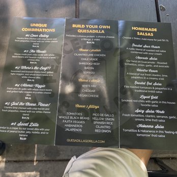 Quesadilla Gorilla - Menu July 2022 - I think the number five #5 Just the Cheese Description is wrong, I think it is just cheese and quesadilla - Mexican Near Me - Visalia, California
