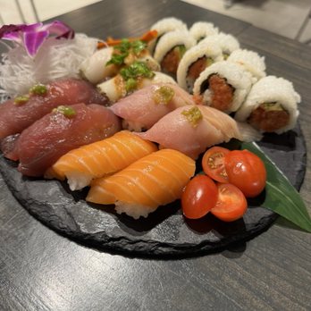 Tamashi Westside - Sushi combo #1, $28. Not sure how to feel about the tomatoes but at least they add color to the plate. - Japanese Near Me - Albuquerque, New Mexico