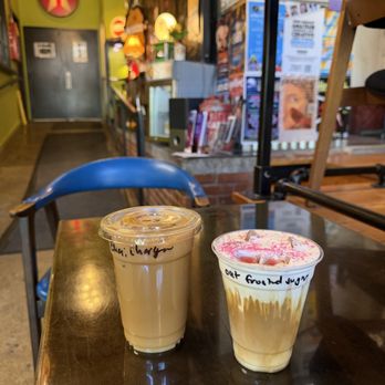 Gasoline Street Coffee - Iced chai charger (left) & iced frosted sugar latte (right) - Coffee & Tea Near Me - Pittsburgh, Pennsylvania Gasoline Street Coffee - Iced chai charger (left) & iced frosted sugar latte (right) - Coffee & Tea Near Me - Pittsburgh, Pennsylvania