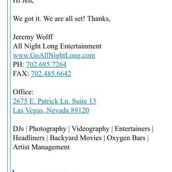 All Night Long Entertainment - Proof that this company did service our wedding . The denial posted to my review is dishonest I have the correct company as clearly shown - DJs Near Me - Las Vegas, Nevada All Night Long Entertainment - Proof that this company did service our wedding . The denial posted to my review is dishonest I have the correct company as clearly shown - DJs Near Me - Las Vegas, Nevada