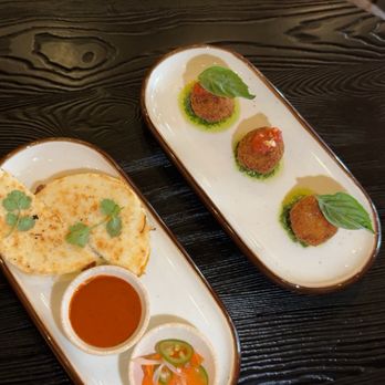 Coca - Tinga Chicken Arepa Quesadilla & Arancini Mushrooms - Lounges Near Me - Hicksville, New York Coca - Tinga Chicken Arepa Quesadilla & Arancini Mushrooms - Lounges Near Me - Hicksville, New York